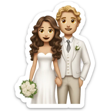 White couple on their wedding day, girl has long brown hair in curls sticker