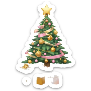 christmas tree with light pink and gold decorations with pink and gold presents underneath the christmas tree (pastel,vivid) sticker