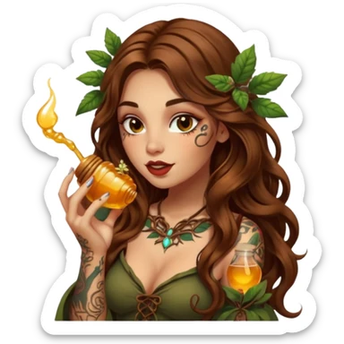 woman with long wavy brown hair, tattoos, forest mystic outfit, licking glowing honey from fingertip, flirty eyes sticker