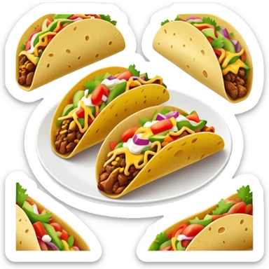 Cinematic vibrant tacos, warm soft shells filled with flavorful meats, fresh vegetables, cheese, and zesty salsa, colorful and lively, ultra-detailed and appetizing. sticker