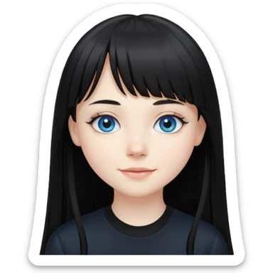 20 yr old woman long straight black hair, pale skin, blue eyes, black clothes, small smile, bangs sticker