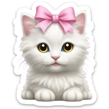 Fluffy white kitty rococo with pink bow realistic sticker