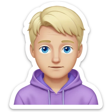 blonde man with blue eyes, lilac hoodie, winking sticker