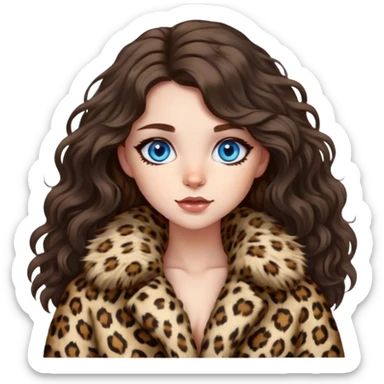 Brunette girl blue eyes with long wavy hair in fluffy leopard fur coat  sticker