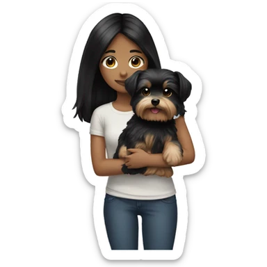 teenage girl with black hair holding a morkie dog sticker