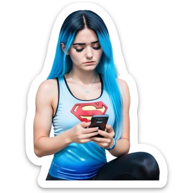 Shameful disappointed crying-very very very very big chest-texting on a samsung cell phone-very long straight flowing black to sky blue hair ombre-blue eyes-black eyeliner-long eyelashes-plastic sparkling sky blue very low cut tank top with sparkling superman logo-black leggings-nike sneakers sticker