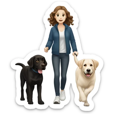 White girl with wavy brown hair walking a black Labrador sticker