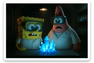 3D cienmatic cartoon shot, spongebob and patric dress in safety glasses and safe white outfit, the are standing front of table with blue crystals on table glowing (light source) science room in basement, back light, Cinema 4d render, proffesional lightning sticker