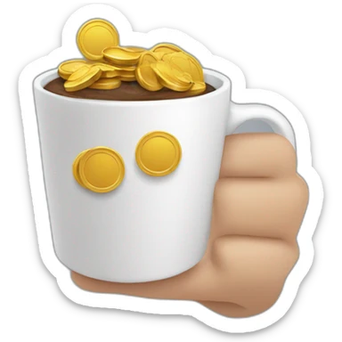 long hand holding a coffee cup with coins falling inside sticker