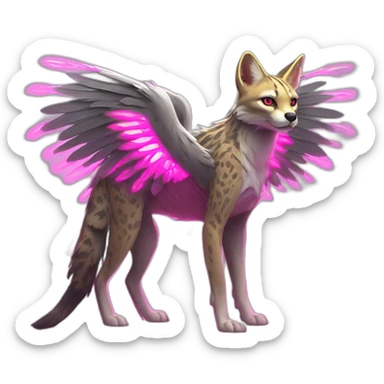 Coyote ocelot standing with grey and black fur and phoenix wings on back and pink ears half skeleton, neon lights sticker