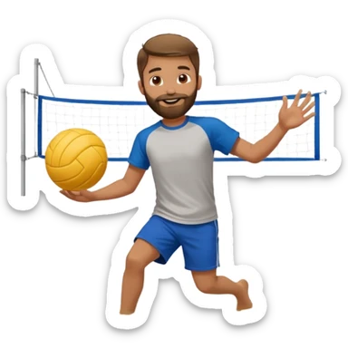 smiling boy with beard outdoors, playing sand volleyball sticker