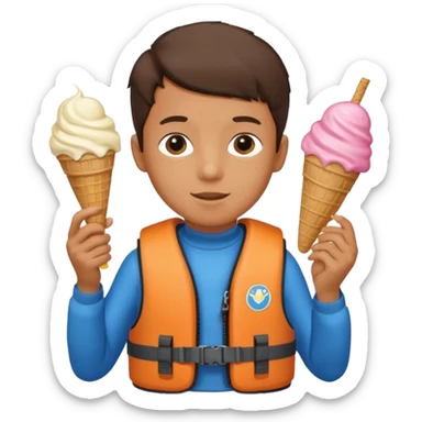 boy kid wearing lifejacket, holding ice cream sticker