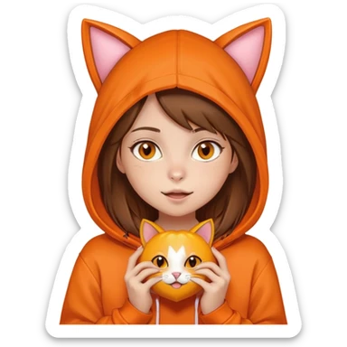Una niña piel blanca, pelo castaño y lacio, ojos color miel, con un poleron naranja que en el gorro tiene una cara y orejas de gato, mordiendo un corazón naranja  sticker