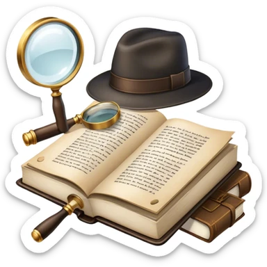Icon for Detective Reading: an open book with text and a magnifying glass, a detective’s hat and a notebook with clues, surrounded by dark shadows and mysterious elements like footprints. Transparent background. sticker