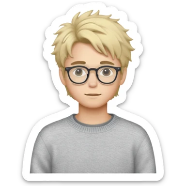 Twink with blonde messy hair and glasses, white skin and a grey sweater sticker