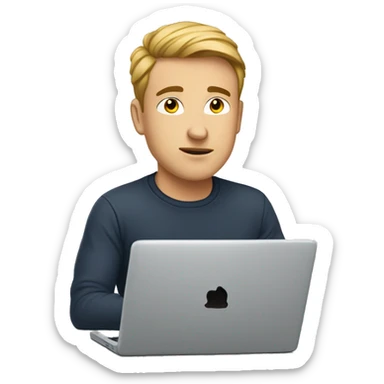 A white young man is sitting at a laptop in a T-shirt sticker
