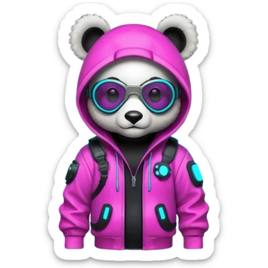 cute cyberpunk panda, neon hoodie, cyber goggles, glowing patterns, futuristic armor details, 3D cartoon, mobile game icon style, clean background, no text, no watermark
 sticker