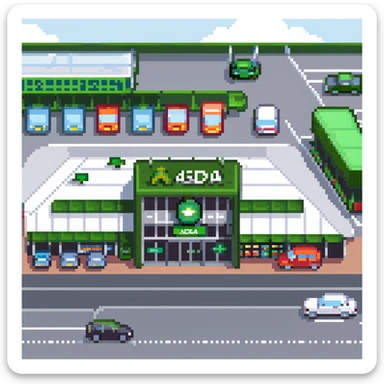 Isometric view of an ASDA supermarket building with green signage, large glass entrance, shopping trolleys bay, and car park with British cars sticker