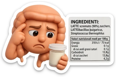 SU QUESTO STILE FAI UN EMOJI STILE IPHONE 3D DI UN INTESTINO CHE HA IN MANO UN BARATTOLO DI YOGURT CONFEZIONATO DA SUPERMERCATO E LEGGE L'ETICHETTA NUTRIZIONALE CON GLI INGREDIENTI IN ITALIANO, ACCANTO ALLO YOGURT CHE HA IN MANO C'è UN FOCUS SULL'ETICHETTA CON GLI INGREDIENTI SCRITTI, FAGLI UN ESPRESSIONE CONFUSA MENTRE LEGGE E FALLO MOLTO REALISTICO IN 3D sticker