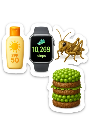 emoji stile iphone di una boccetta di CREMA SOLARE, UNO SMARTWATCH CONTAPASSI, UN GRILLO, UNA TORRETTA DI HAMBURGER FATTI CON I PISELLI, IPERREALISTICO 4K sticker