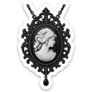cameo necklace in aristocrat goth style, black and white, ornate frame sticker