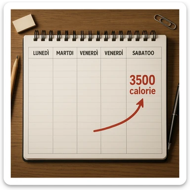 Hyperrealistic top-down view of a weekly calendar in Italian, showing days from Monday to Sunday. Only Saturday and Sunday have the text '3500 calorie' with a red arrow connecting both days, with no red circle on Friday. 4K details, desk atmosphere. sticker