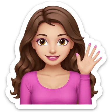 girl with long wavy brown hair, brown eyes, long lashes, sexy pink lips, light to medium complexion, wearing a pink sexy top, smiling, finger tips touching sticker