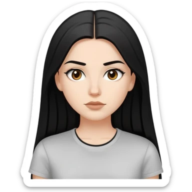 white girl, black long straight hair, brown eyes, dark eyebrows, small lips, black t-shirt sticker