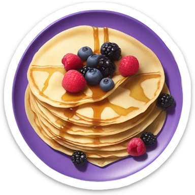 Crepes on a purple plate with maple syrup and berries sticker