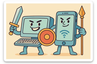 A computer and a phone illustrated as warriors or heroes, symbolizing their role in providing excellent internet service. sticker