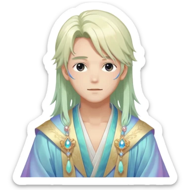 Beautiful gorgeous romantic blushing youthful handsome anime guy with beautiful iridescent-pastel-whitish-special-medium-long-hair, fashion aesthetic, ethereal, fairycore, pastelcore, layered robes, accessories, jewelries, colorful, shiny, trending style, outside sticker