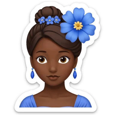 tạo cho tôi emoji tạo hình của công chúa da đen tóc nâu búi tóc 1 bên trên đỉnh đầu, cô ý cài hoa màu xanh sticker