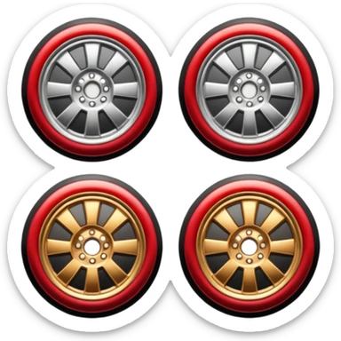 Emoji-style car membership badges: silver wheel, bronze exhaust, red rims, black spoiler, gold wheel — in progression." sticker