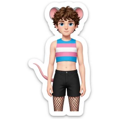 a white twink boy with blue eyes, short curly brown hairs and rat ears, he has a rat tail. he is dressed in a short shade of the color trans flag and short black shorts with mesh stockings sticker