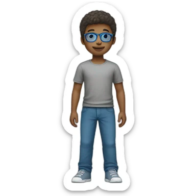 a boy with galsses and bleu trousers and a grey t-shirt sticker