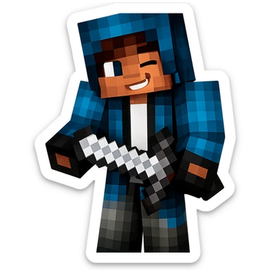 Edit the Minecraft character in the blue hoodie to have a winking playful facial expression. Keep the pose, outfit, and quality exactly the same. Transparent background. sticker