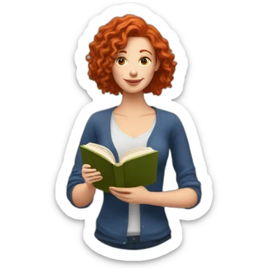 White woman with long curly red hair reading a book with a glass of wine in a park sticker
