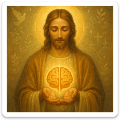 Christ Guardian of Mind, benevolent figure with soft golden glow, hands gently cradling stylized brain or mind symbol, surrounded by peaceful energy and spiritual motifs sticker