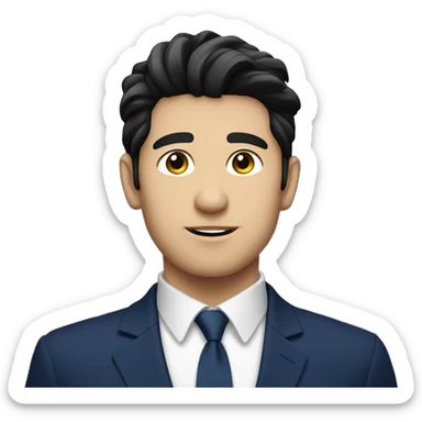 Handsome male, black hair, wearing dark blue suits, Background with buildings, white skin sticker