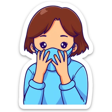 brunette girl with brown hair wearing pastel blue clothes covering her face with her hand sticker
