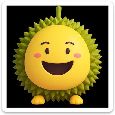 Change the expression of the durian character to a big smile, keeping all other characteristics the same. The style should resemble a 3D emoji style with the same look and feel as the original image. sticker