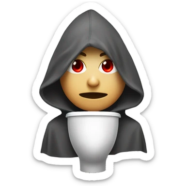 Person in hoodie, in a toilet, with red eyes sticker