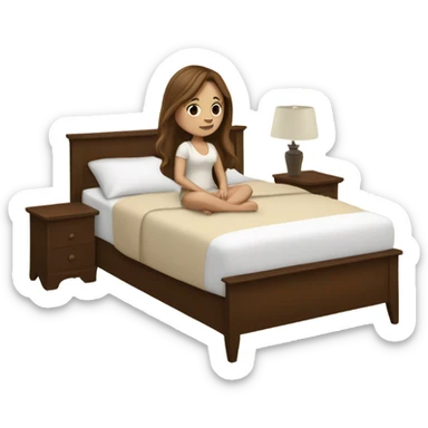 white girl with long brown hair in a bed with beige comforter sticker