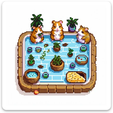 pixel art scene of a hamster cult celebrating with THC weed at a pool party, cheese platters included, vibrant and playful sticker