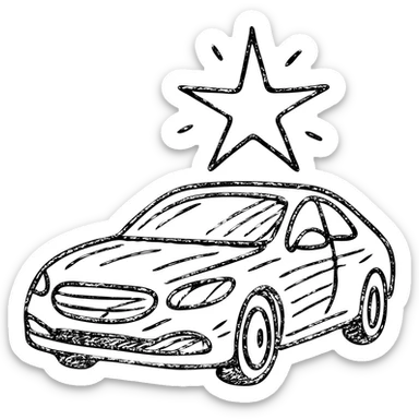 hand-drawn outlined icon of a bright star on a glossy black car surface, subtle reflections, gold or silver details, clean and modern sticker