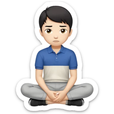 A cartoon young Asian boy with short black hair, light beige skin, and large expressive eyes, wearing a white polo shirt, gray pants, and black shoes. He sits cross-legged on the ground, one fist resting on his cheek, with a closed-mouth smirk. Clean lines, flat colors, solid black background. sticker
