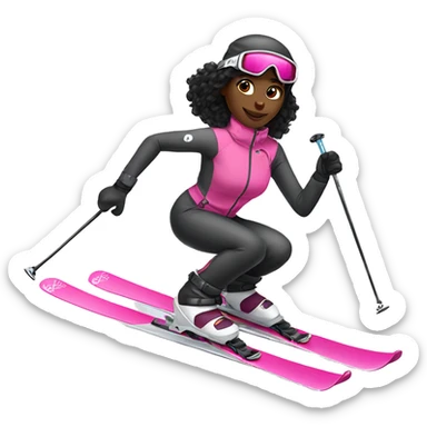African Skier girl with long black hair and pink gear show skis and legs  sticker