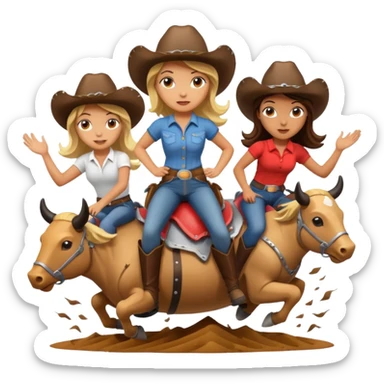 Three girls riding mechanical bulls in a tornado sticker