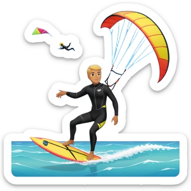 Kiter man con neopreno negro largo en el mar con una cometa kite surf de 18 metros,haciendo kite surf y el truco downloop sticker