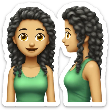 Chica morena pelo rizado largo y flequillo con ropa verde delante ordenador sticker